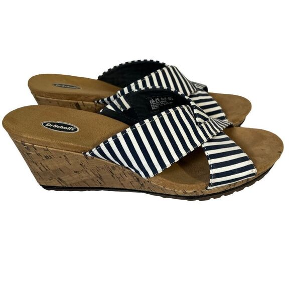 Dr. Scholl's Selma Wedge Sandals size 8.5 Navy/White Striped Fabric Cross Strap - Picture 3 of 7